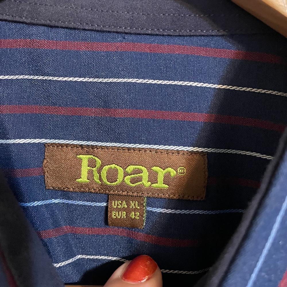 Roar Button Down Shirt Mens XL‎ Navy Blue Burgundy Striped Long Sleeve Excellent - Picture 4 of 11